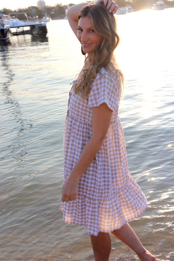 Baby Doll Button Up Dress In Cotton Gingham Taupe