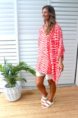 Short Pom Pom Kaftan in Zebra Coral