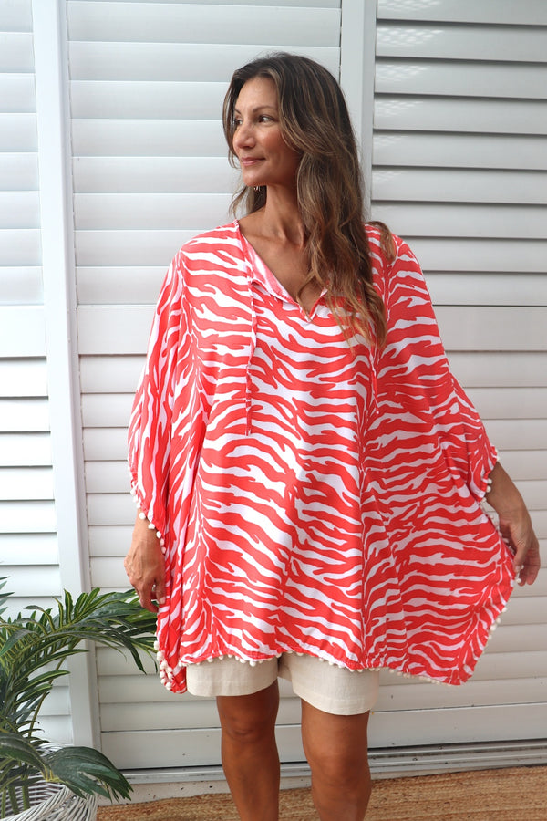 Short Pom Pom Kaftan in Zebra Coral