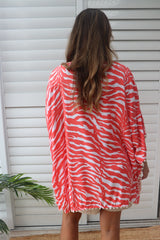 Short Pom Pom Kaftan in Zebra Coral