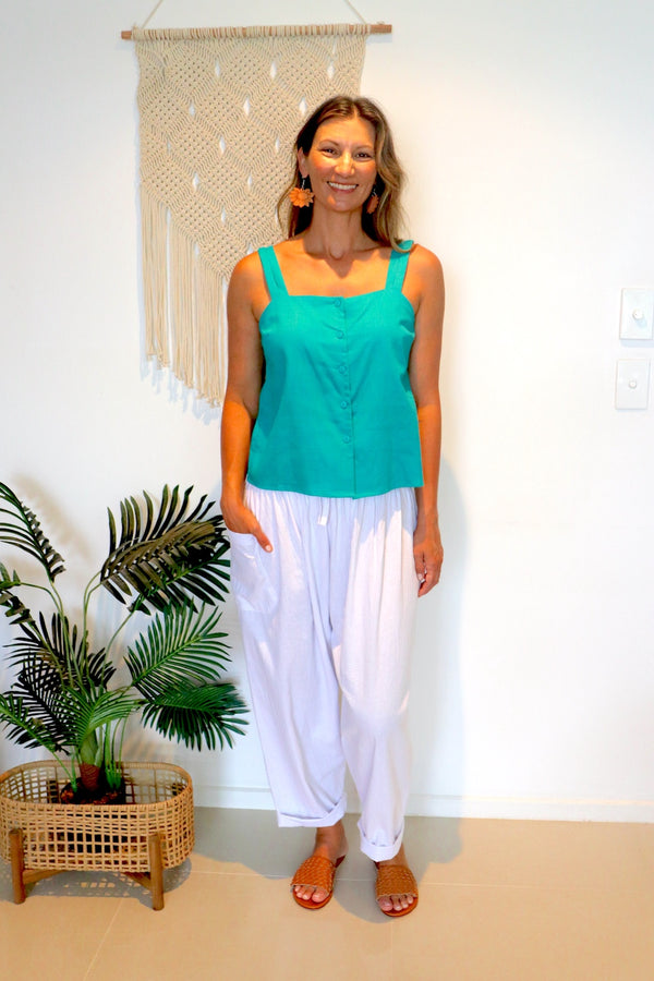 Coastal Linen Blend Cami in Aqua Green