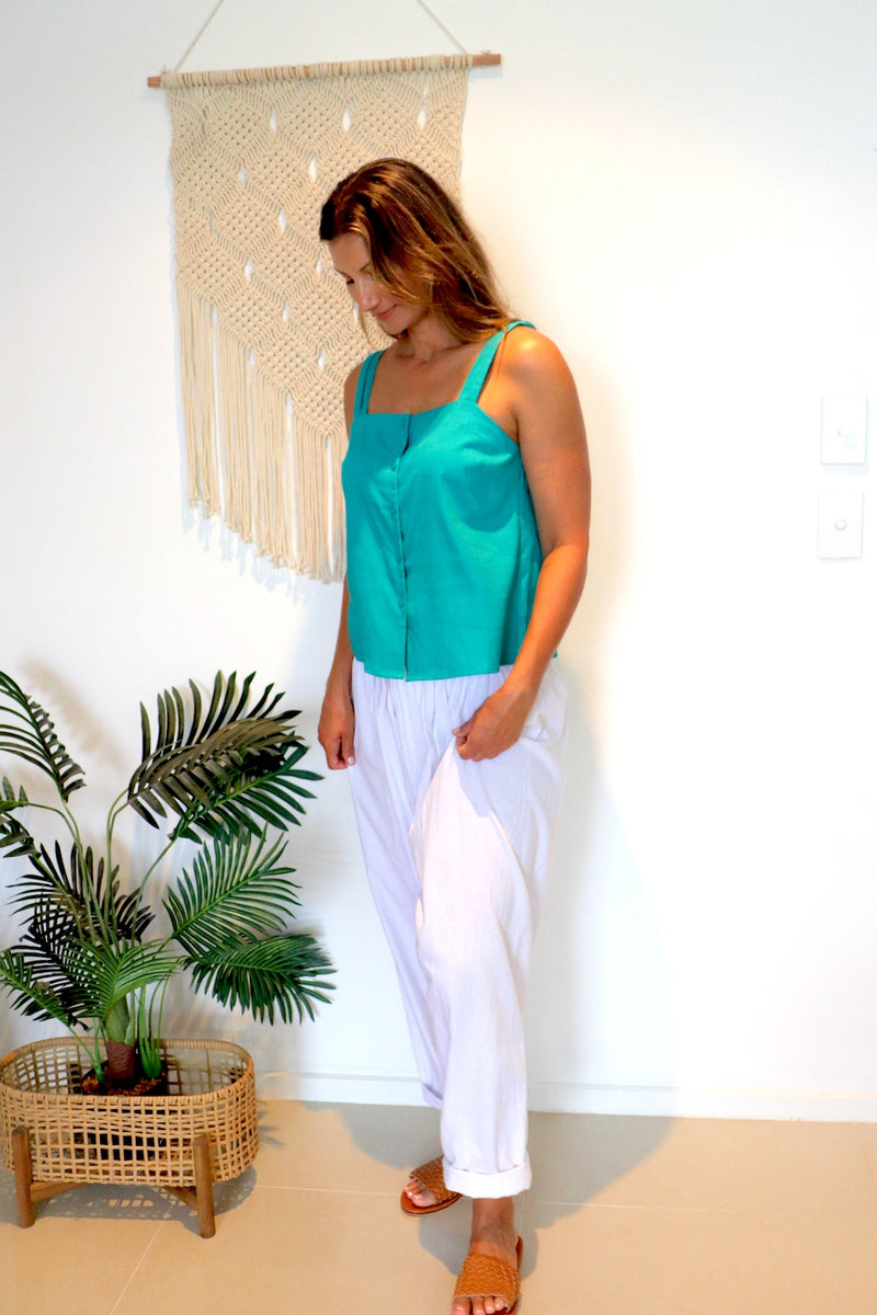 Coastal Linen Blend Cami in Aqua Green