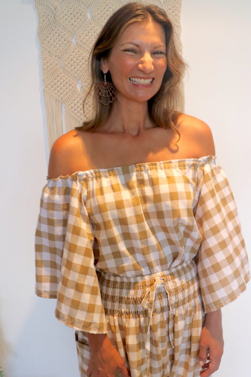 Hermosa On or off the Shoulders Top Cotton Gingham Latte