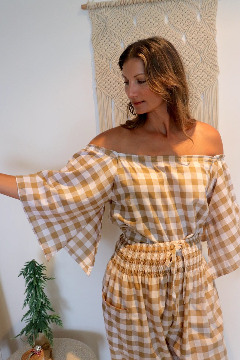 Hermosa On or off the Shoulders Top Cotton Gingham Latte