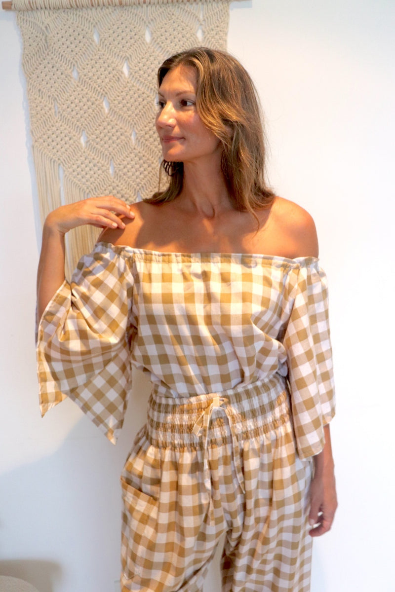 Hermosa On or off the Shoulders Top Cotton Gingham Latte