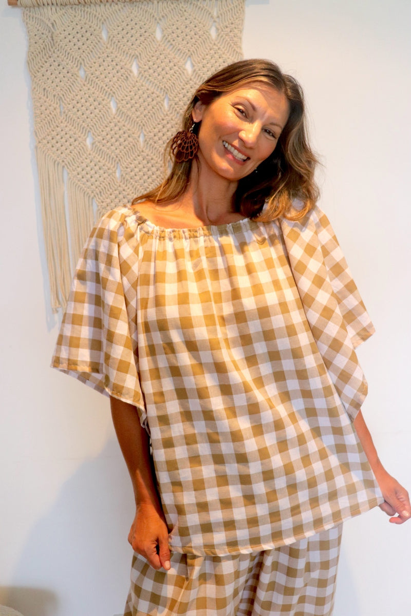 Hermosa On or off the Shoulders Top Cotton Gingham Latte