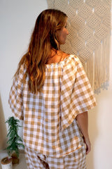 Hermosa On or off the Shoulders Top Cotton Gingham Latte