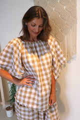 Hermosa On or off the Shoulders Top Cotton Gingham Latte