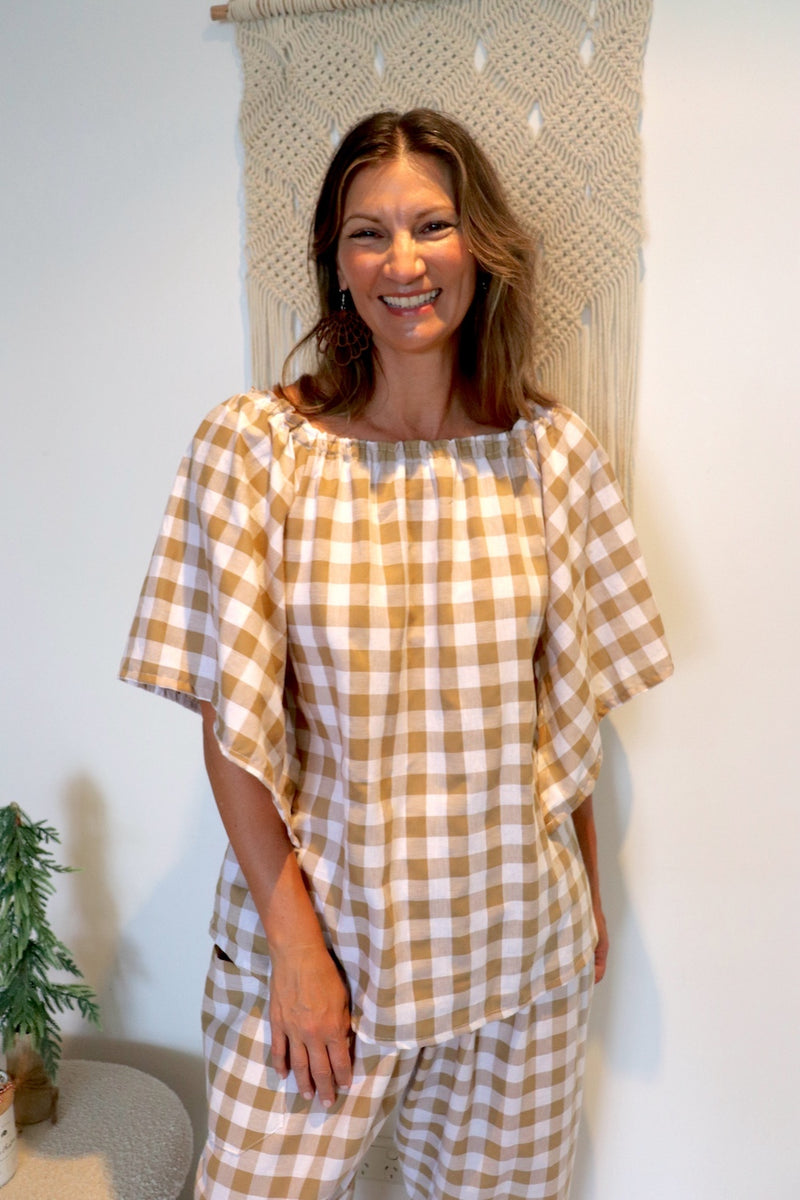 Hermosa On or off the Shoulders Top Cotton Gingham Latte