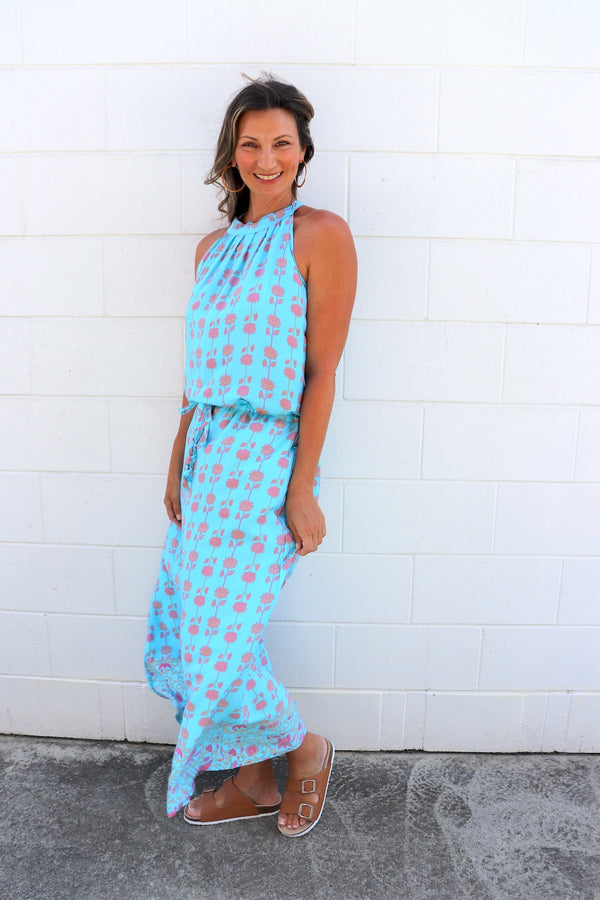 Off To Hawaii Halter Maxi Dress in Sky Blue