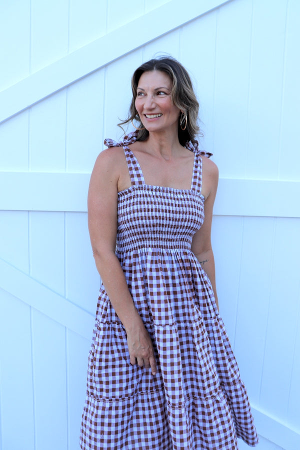 Harbour Midi Dress in Gingham Chocolate