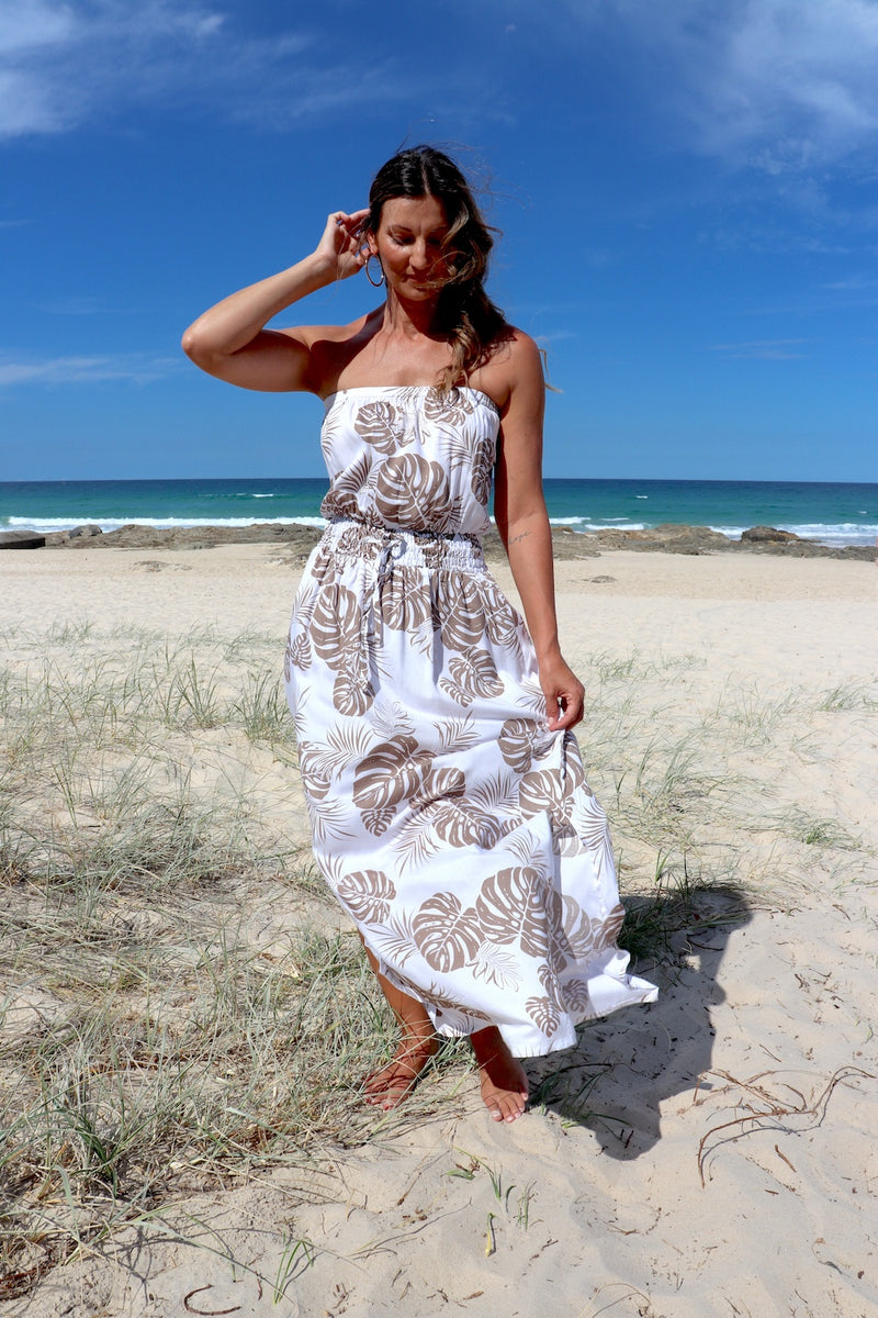 Daytripper Tube Maxi Dress In Taupe Leaf