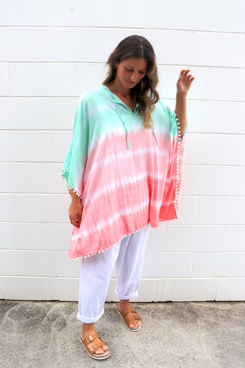 Short Pom Pom Kaftan in Fairy Floss Pink Lime