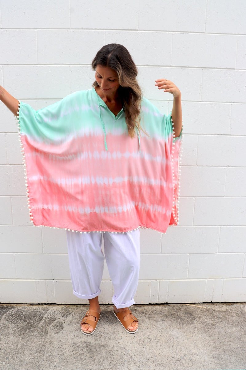 Short Pom Pom Kaftan in Fairy Floss Pink Lime