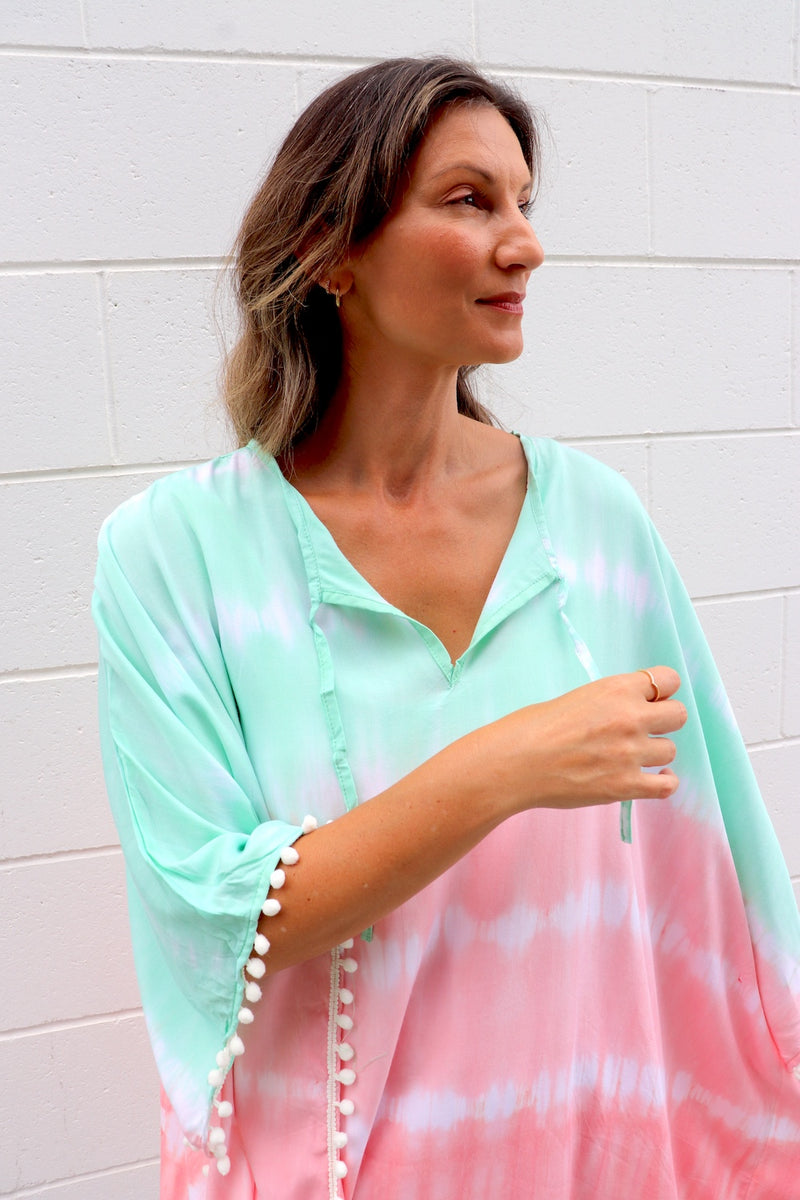 Short Pom Pom Kaftan in Fairy Floss Pink Lime