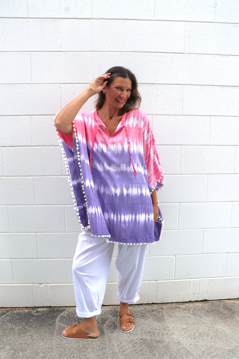 Short Pom Pom Kaftan in Fairy Floss Purple Pink