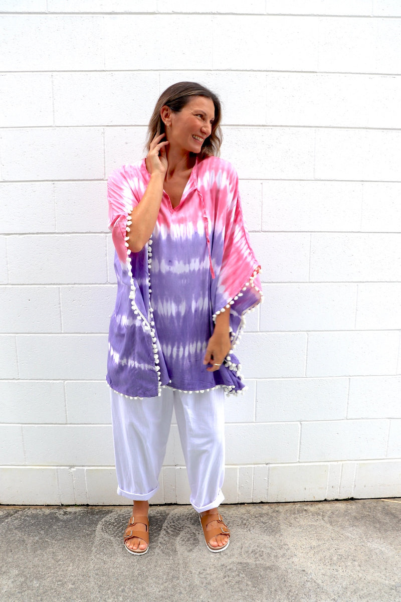 Short Pom Pom Kaftan in Fairy Floss Purple Pink