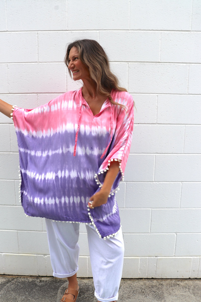 Short Pom Pom Kaftan in Fairy Floss Purple Pink