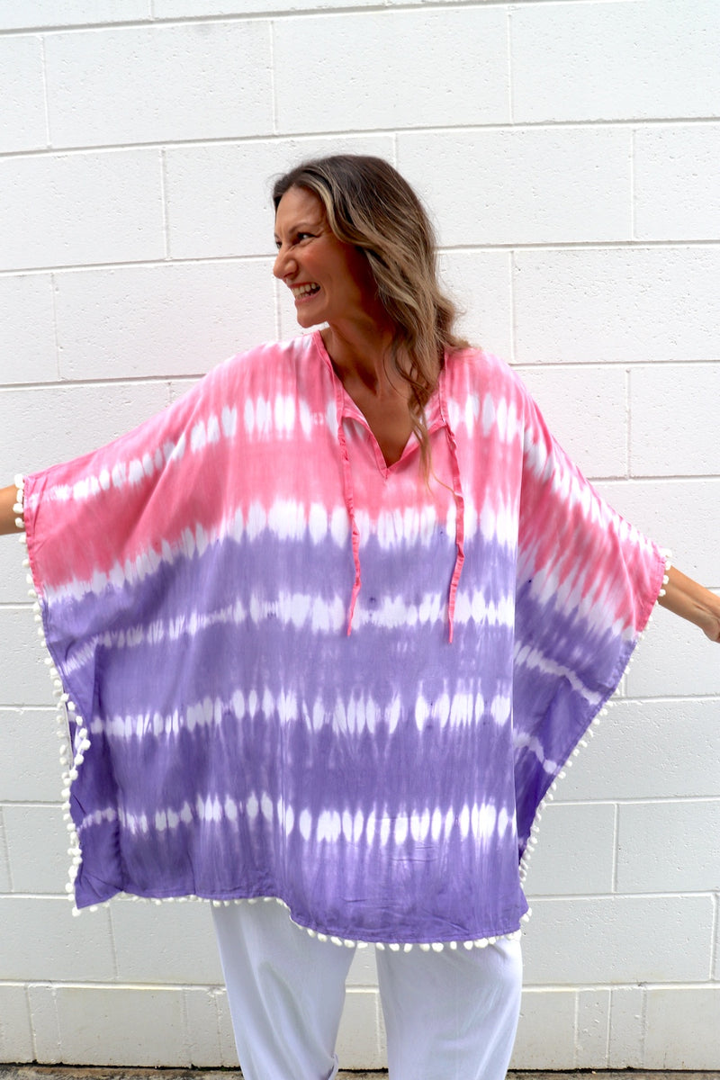 Short Pom Pom Kaftan in Fairy Floss Purple Pink