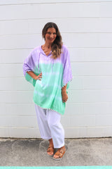 Short Pom Pom Kaftan in Fairy Floss Lime Lavender