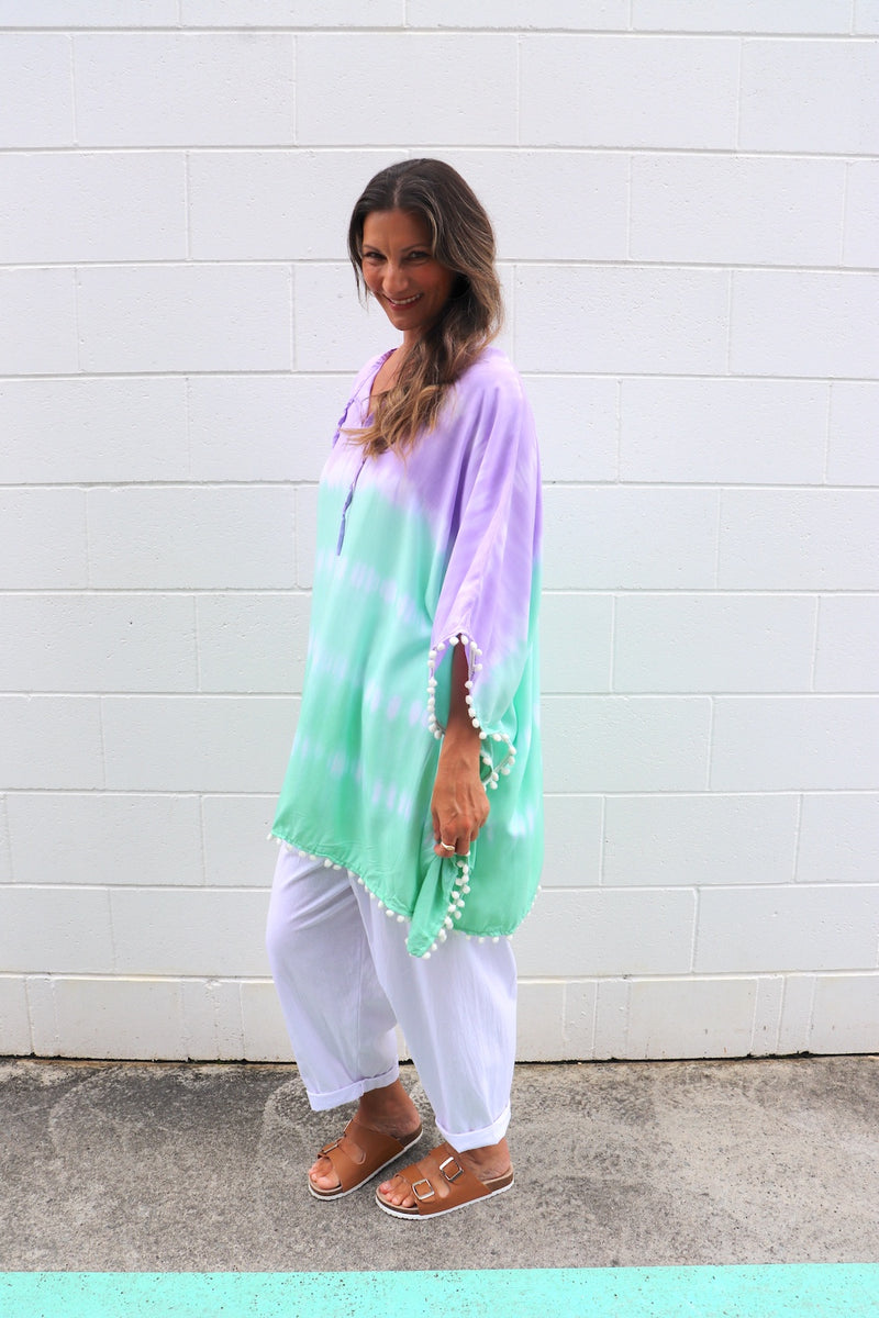 Short Pom Pom Kaftan in Fairy Floss Lime Lavender