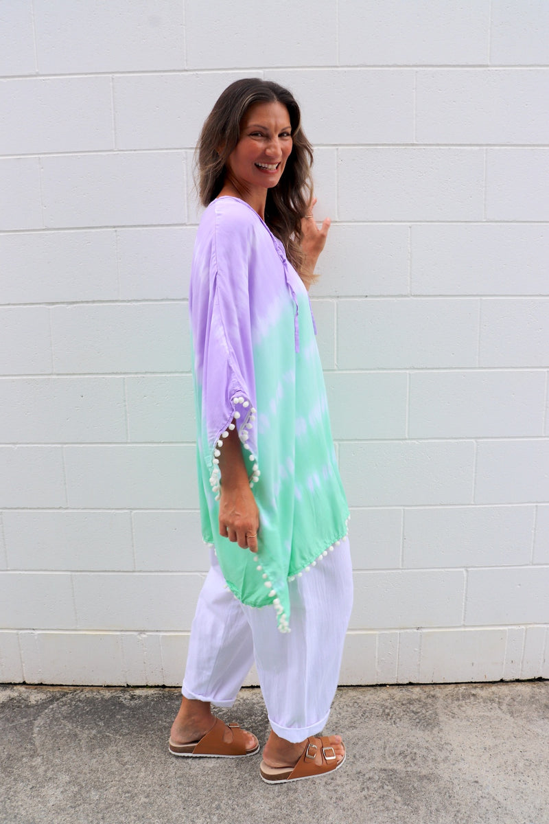 Short Pom Pom Kaftan in Fairy Floss Lime Lavender