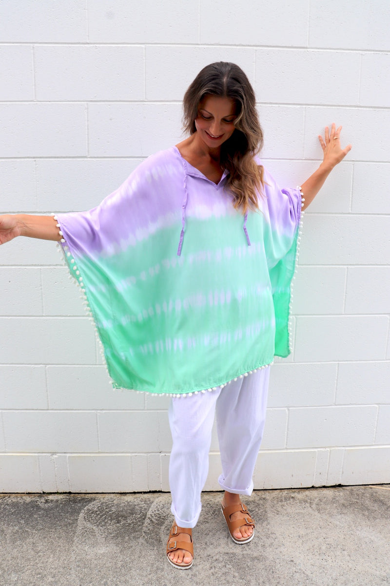 Short Pom Pom Kaftan in Fairy Floss Lime Lavender