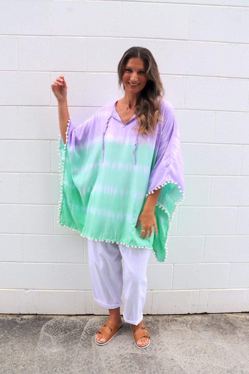 Short Pom Pom Kaftan in Fairy Floss Lime Lavender