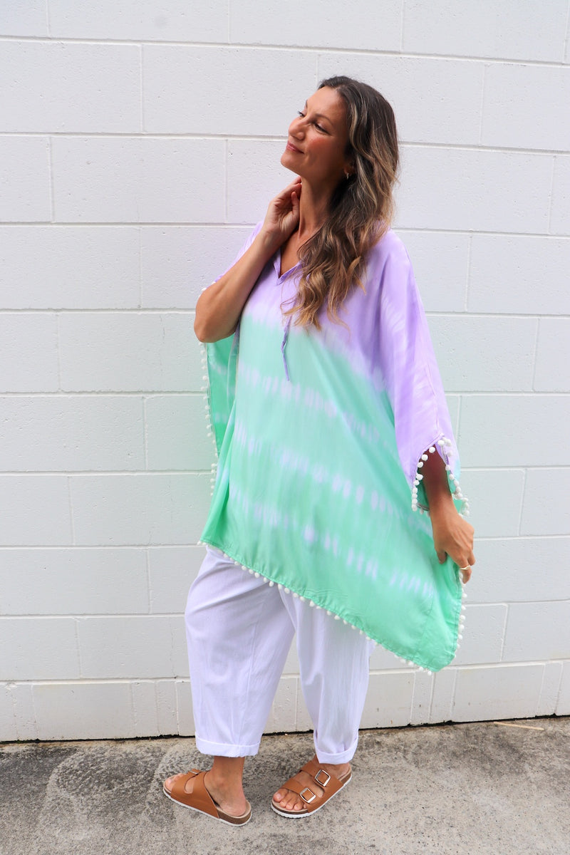 Short Pom Pom Kaftan in Fairy Floss Lime Lavender