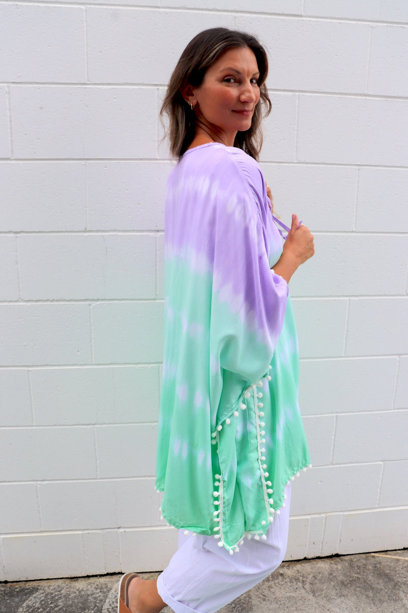 Short Pom Pom Kaftan in Fairy Floss Lime Lavender