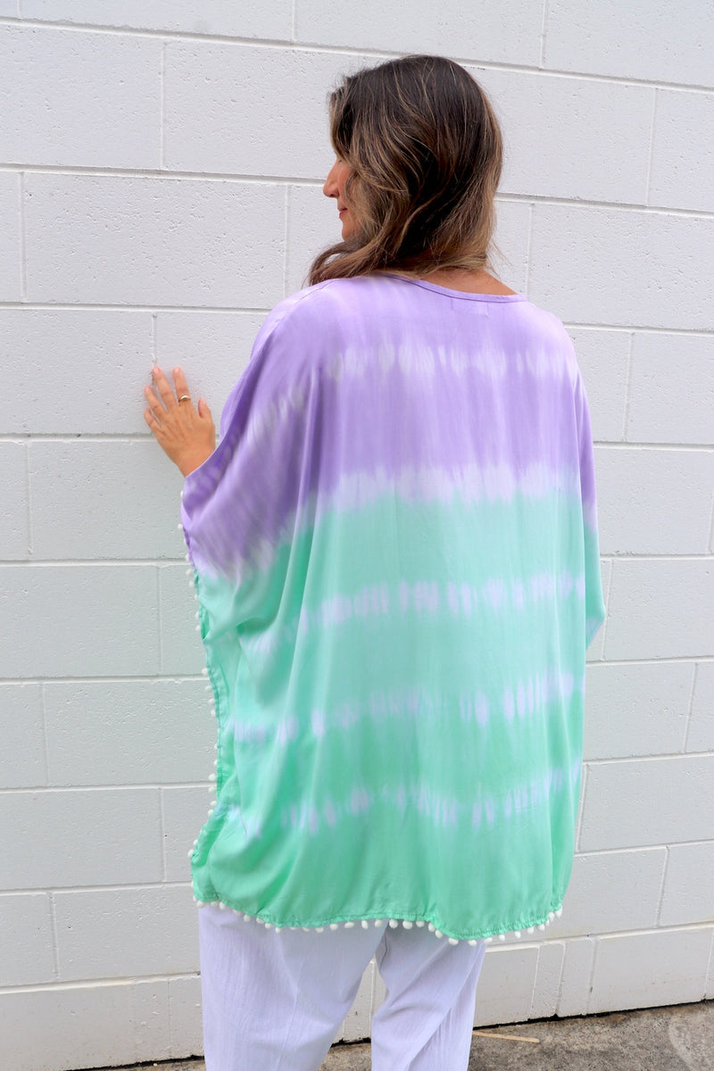 Short Pom Pom Kaftan in Fairy Floss Lime Lavender