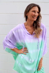 Short Pom Pom Kaftan in Fairy Floss Lime Lavender