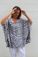 Short Pom Pom Kaftan in Zebra Grey