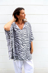 Short Pom Pom Kaftan in Zebra Grey