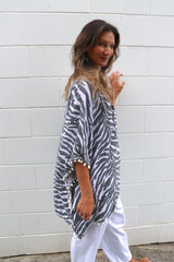 Short Pom Pom Kaftan in Zebra Grey