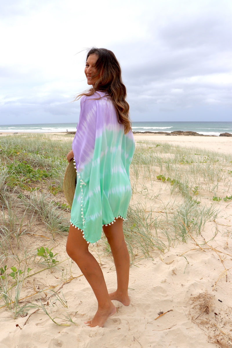 Short Pom Pom Kaftan in Fairy Floss Lime Lavender