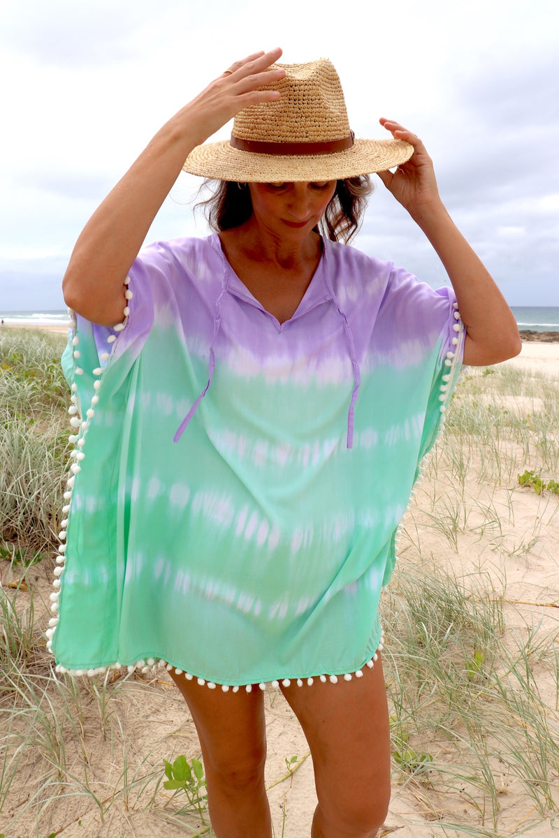 Short Pom Pom Kaftan in Fairy Floss Lime Lavender