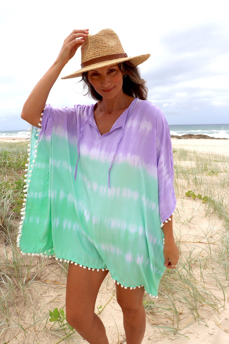 Short Pom Pom Kaftan in Fairy Floss Lime Lavender