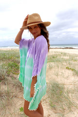 Short Pom Pom Kaftan in Fairy Floss Lime Lavender