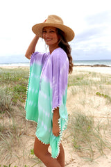 Short Pom Pom Kaftan in Fairy Floss Lime Lavender