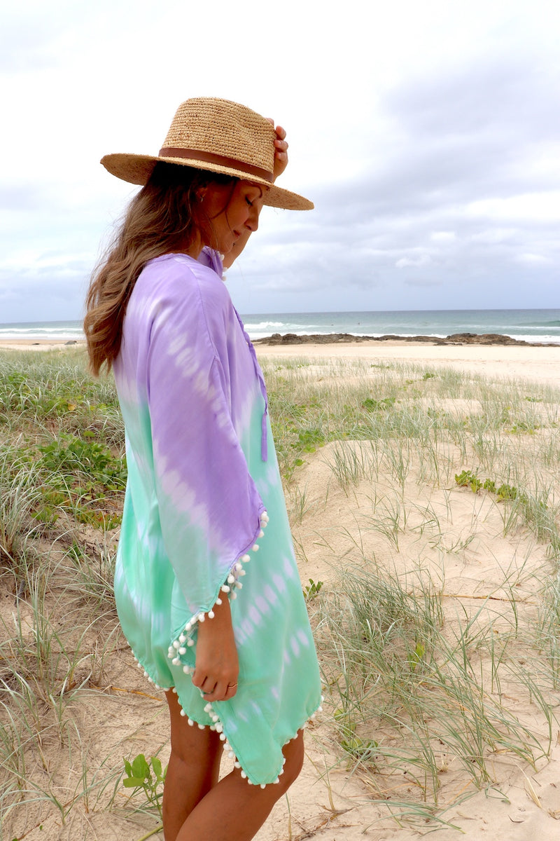 Short Pom Pom Kaftan in Fairy Floss Lime Lavender