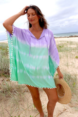 Short Pom Pom Kaftan in Fairy Floss Lime Lavender