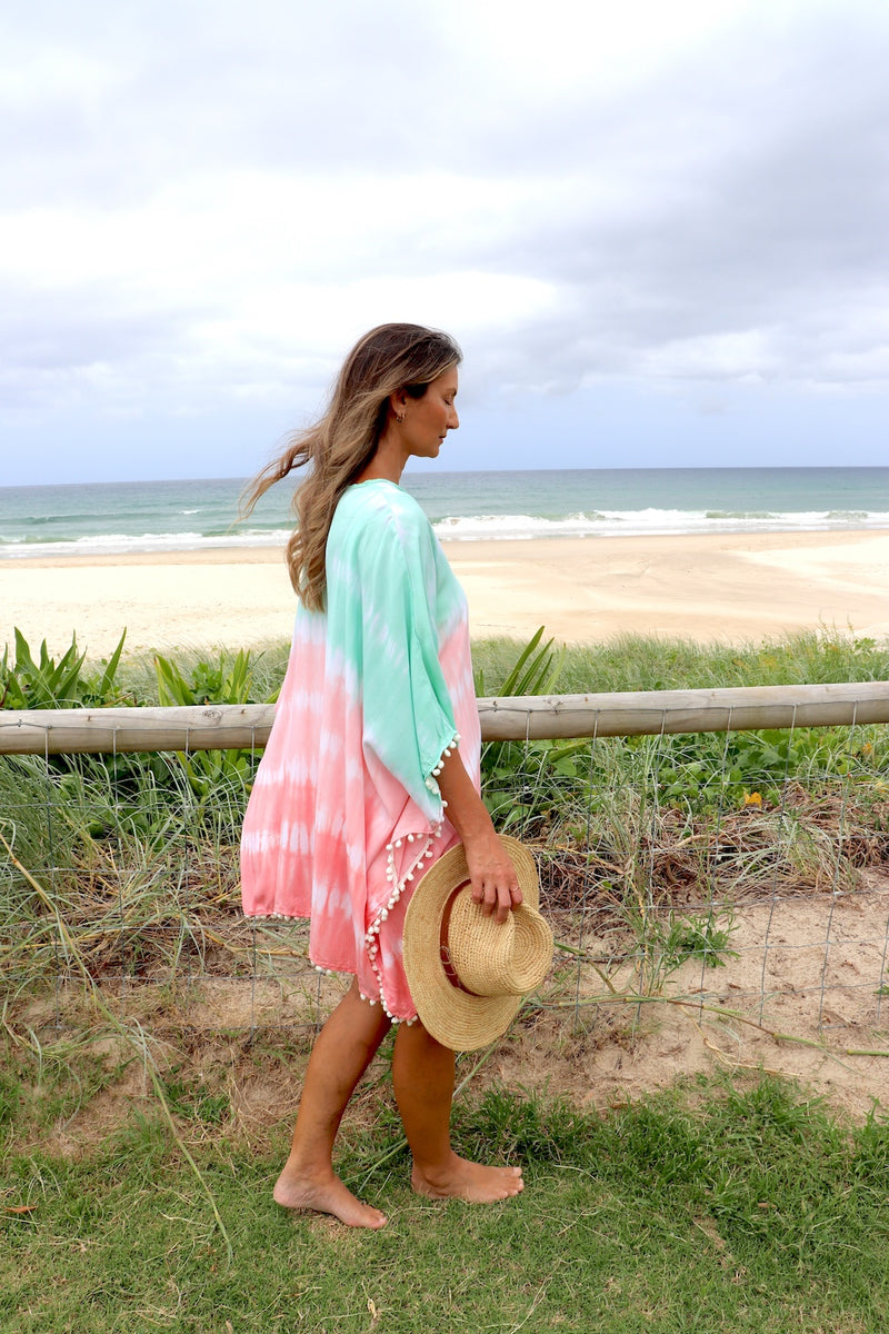 Short Pom Pom Kaftan in Fairy Floss Pink Lime