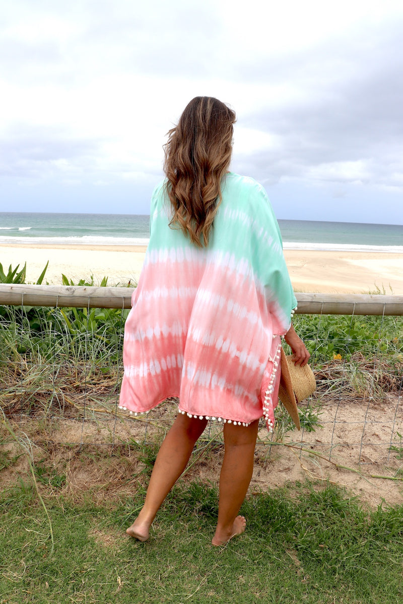 Short Pom Pom Kaftan in Fairy Floss Pink Lime