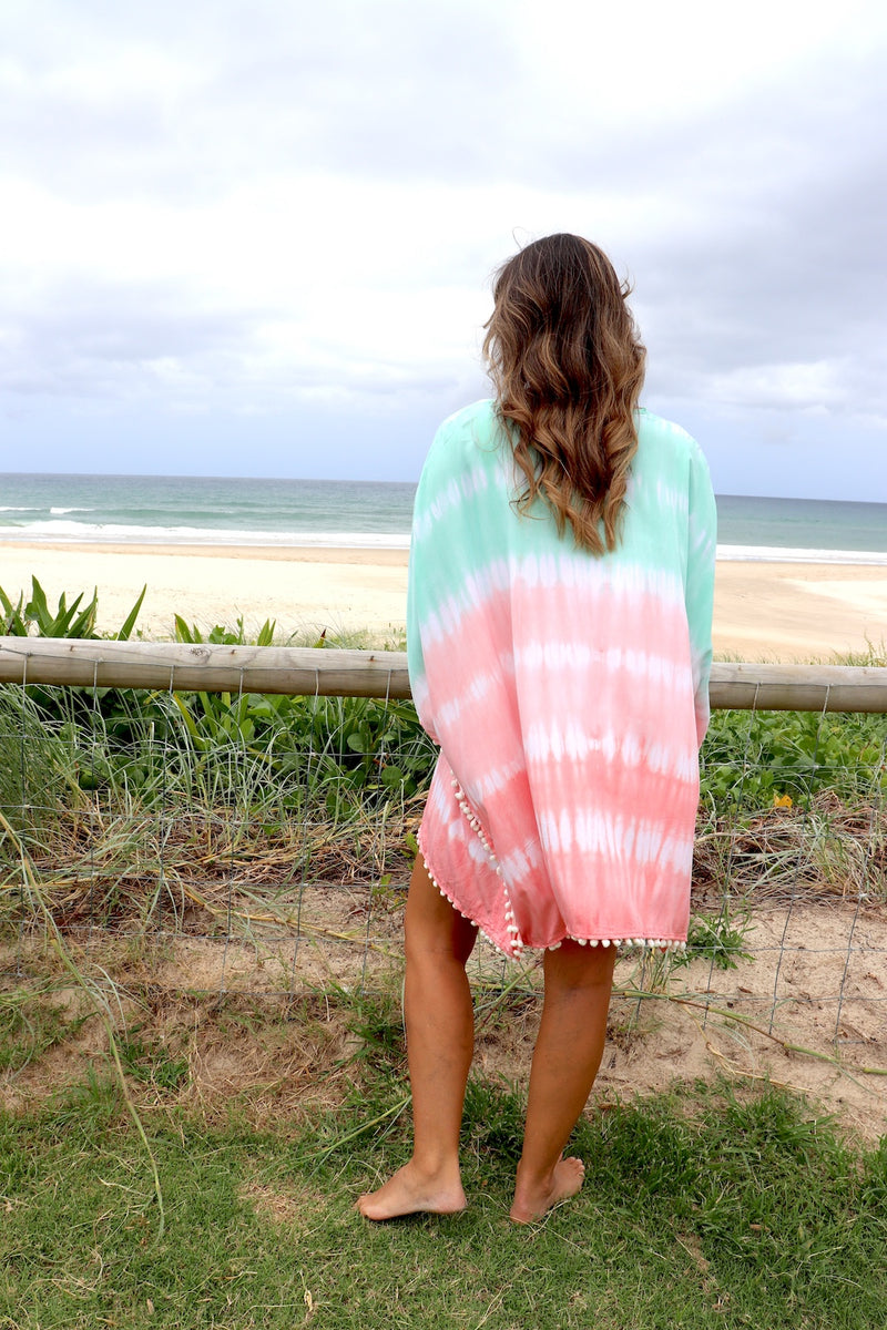 Short Pom Pom Kaftan in Fairy Floss Pink Lime