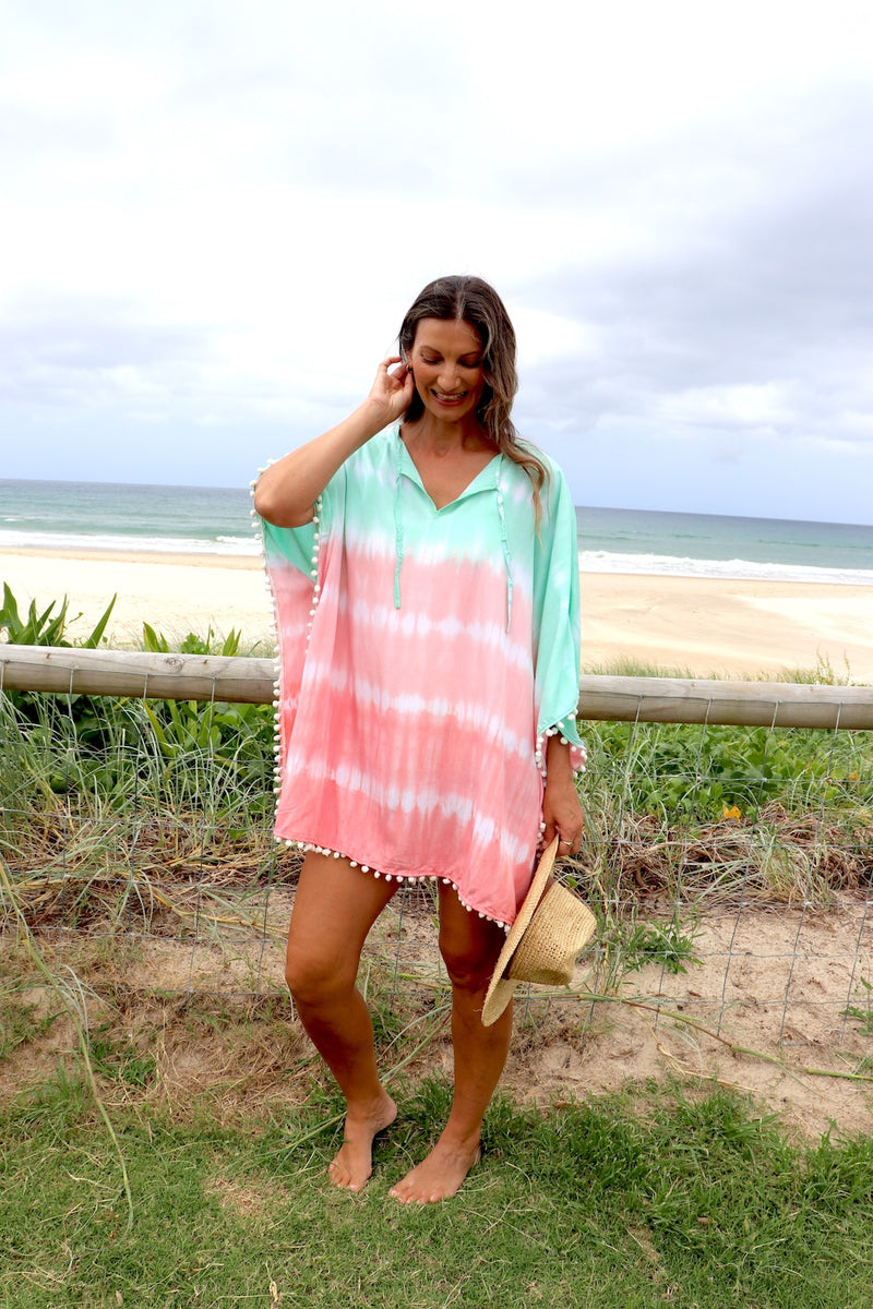 Short Pom Pom Kaftan in Fairy Floss Pink Lime