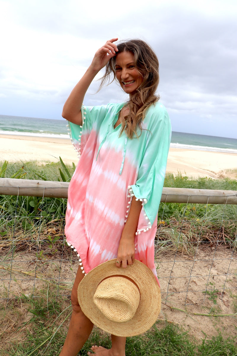 Short Pom Pom Kaftan in Fairy Floss Pink Lime