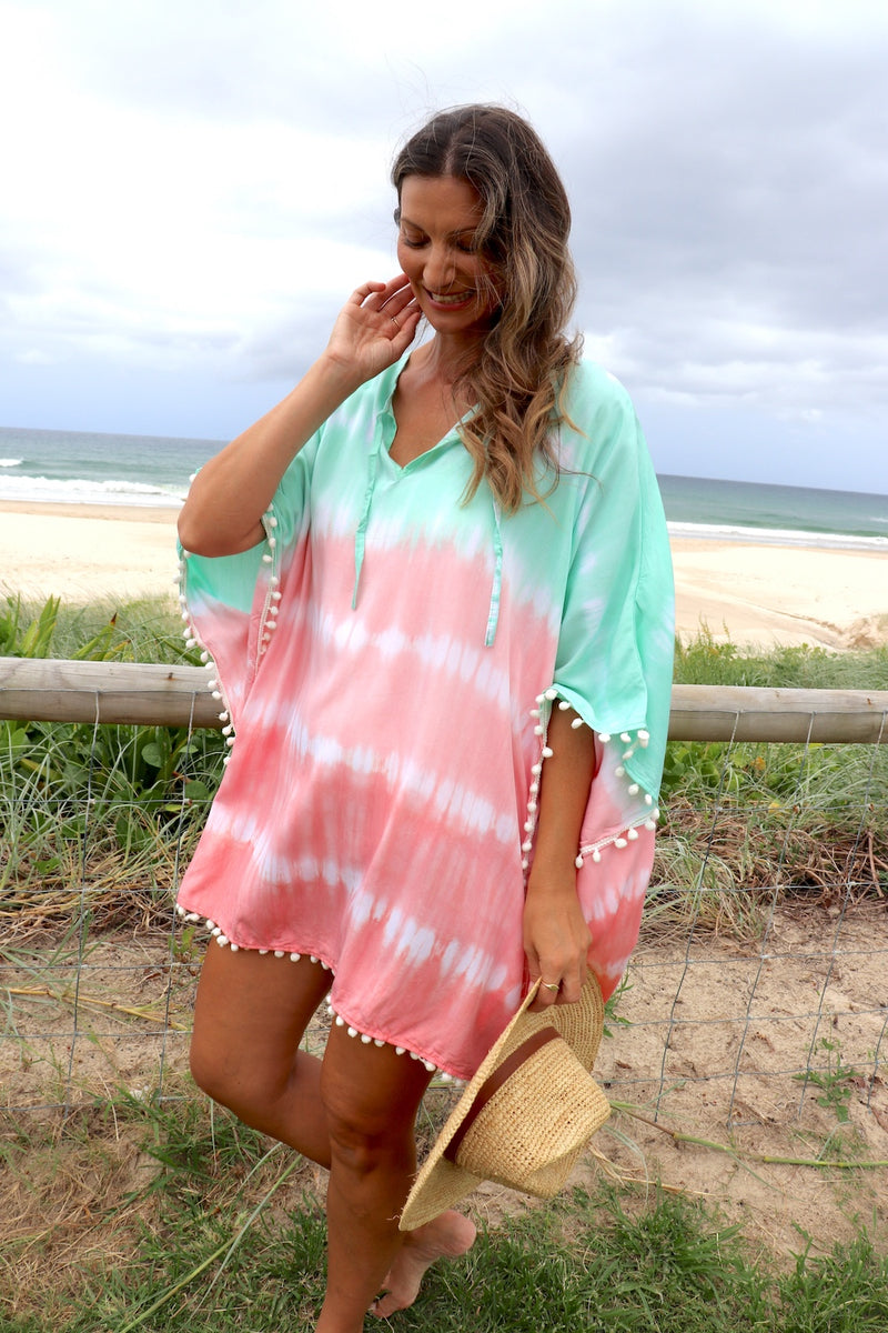 Short Pom Pom Kaftan in Fairy Floss Pink Lime