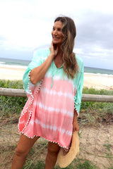 Short Pom Pom Kaftan in Fairy Floss Pink Lime