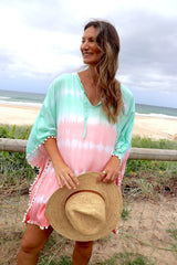 Short Pom Pom Kaftan in Fairy Floss Pink Lime